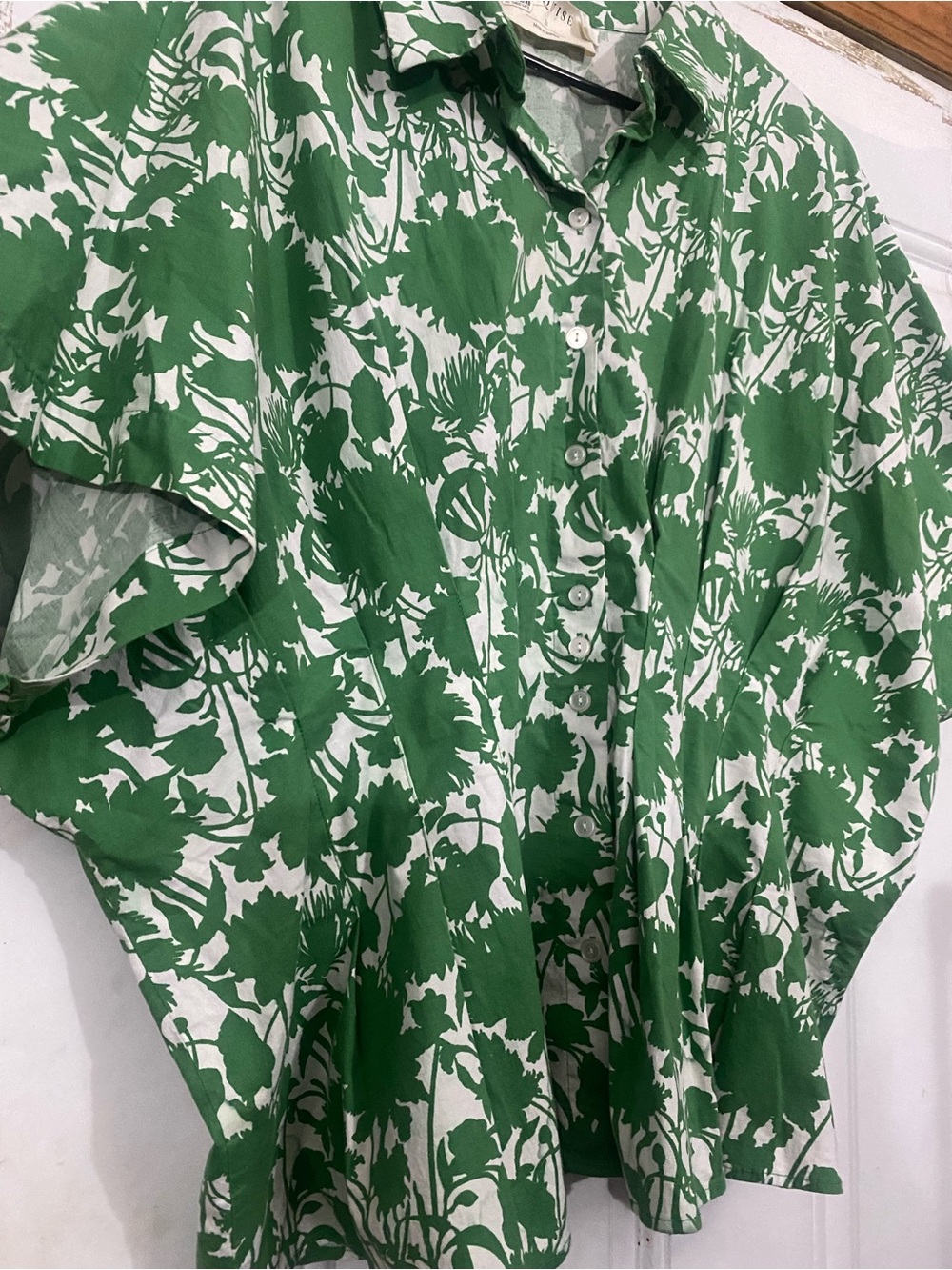 Anthropologie Exquise Green White Floral Short-Sleeve Button-Down Top Size 2X